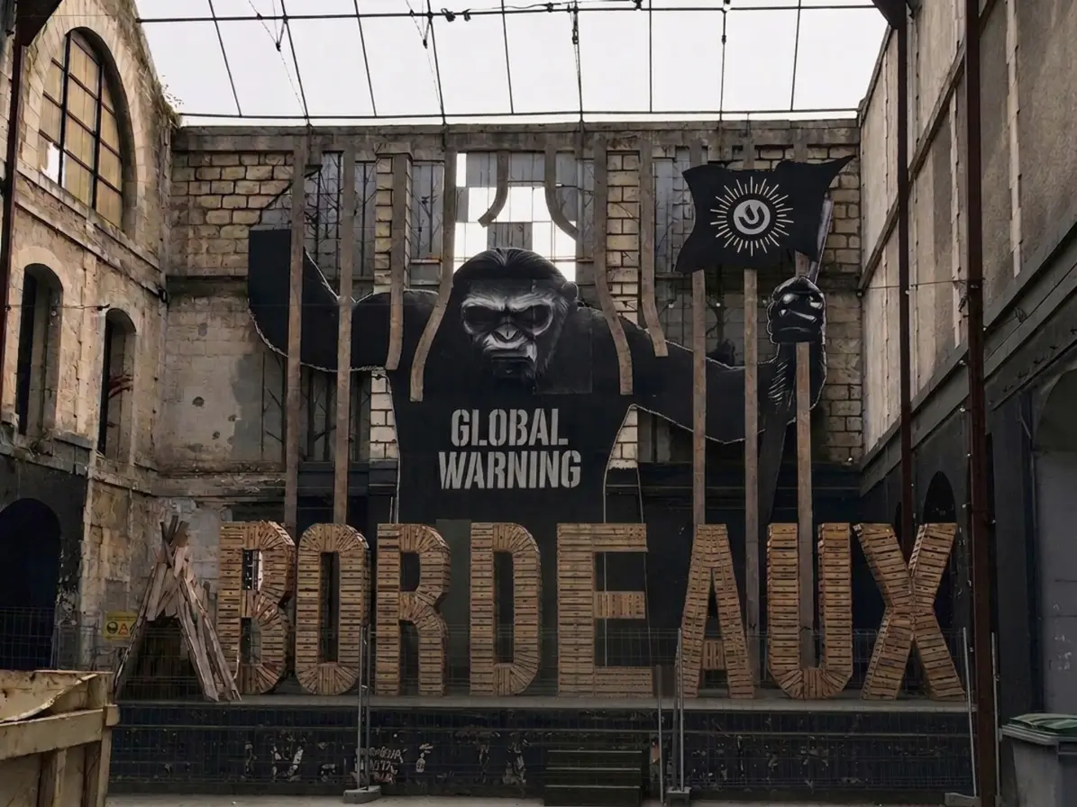 The iconic gorilla mural inside Darwin's main hangar, Bordeaux