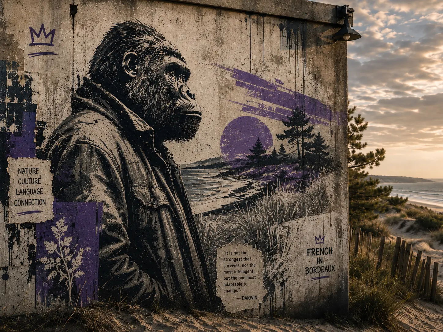 Learn French near Arcachon – French in Bordeaux gorilla mascot on the Atlantic coast