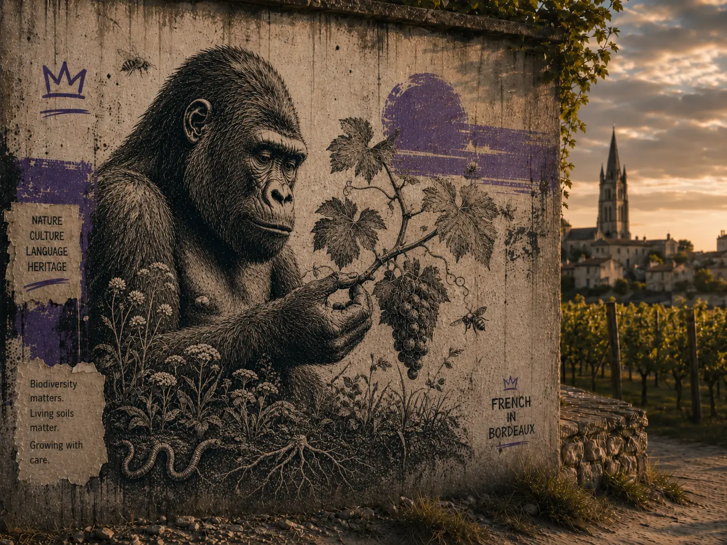 Learn French near Bordeaux vineyards - artistic French in Bordeaux gorilla figure in wine country