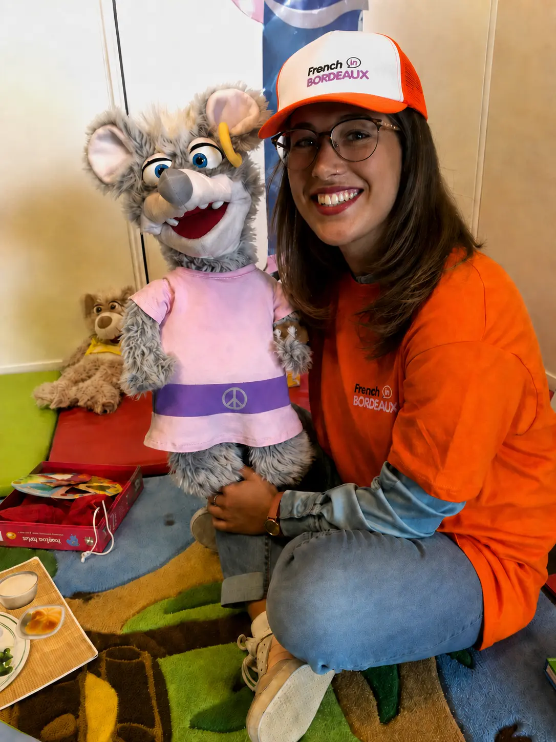 French in Bordeaux teacher with a puppet during a children's French programme in Bordeaux