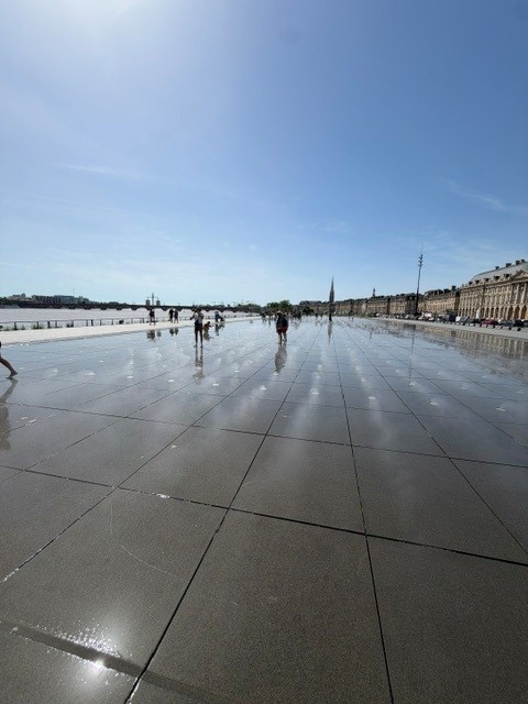 miroir d'eau Bordeaux, people walking on the granite surface with mist rising during a Walk & Talk French lesson