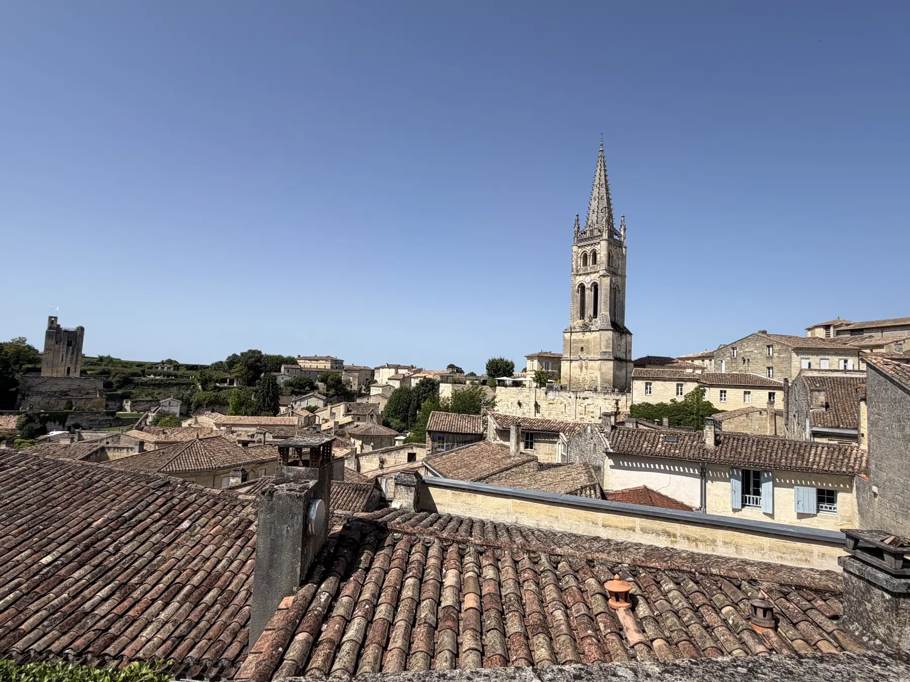 Rooftops of Saint-Émilion with the Tour du Roy and the monolithic church bell tower
